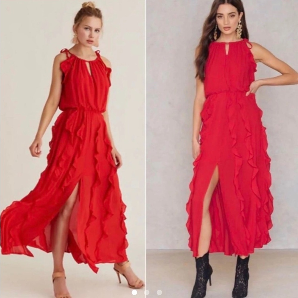 MOON RIVER - Elegant Red Ruffle Maxi Dress. Size Small - Picture 2 of 7